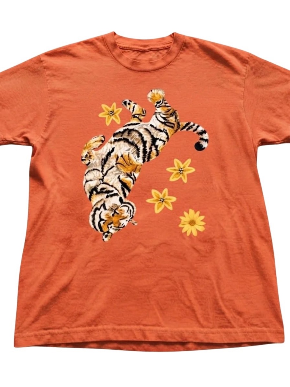 Orange Tee with Falling Tiger and Yellow Floral Graphic
